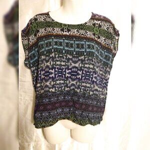 Cabi Tribal Aztec Geometric Print Green Purple Short Cap Sleeve Top M